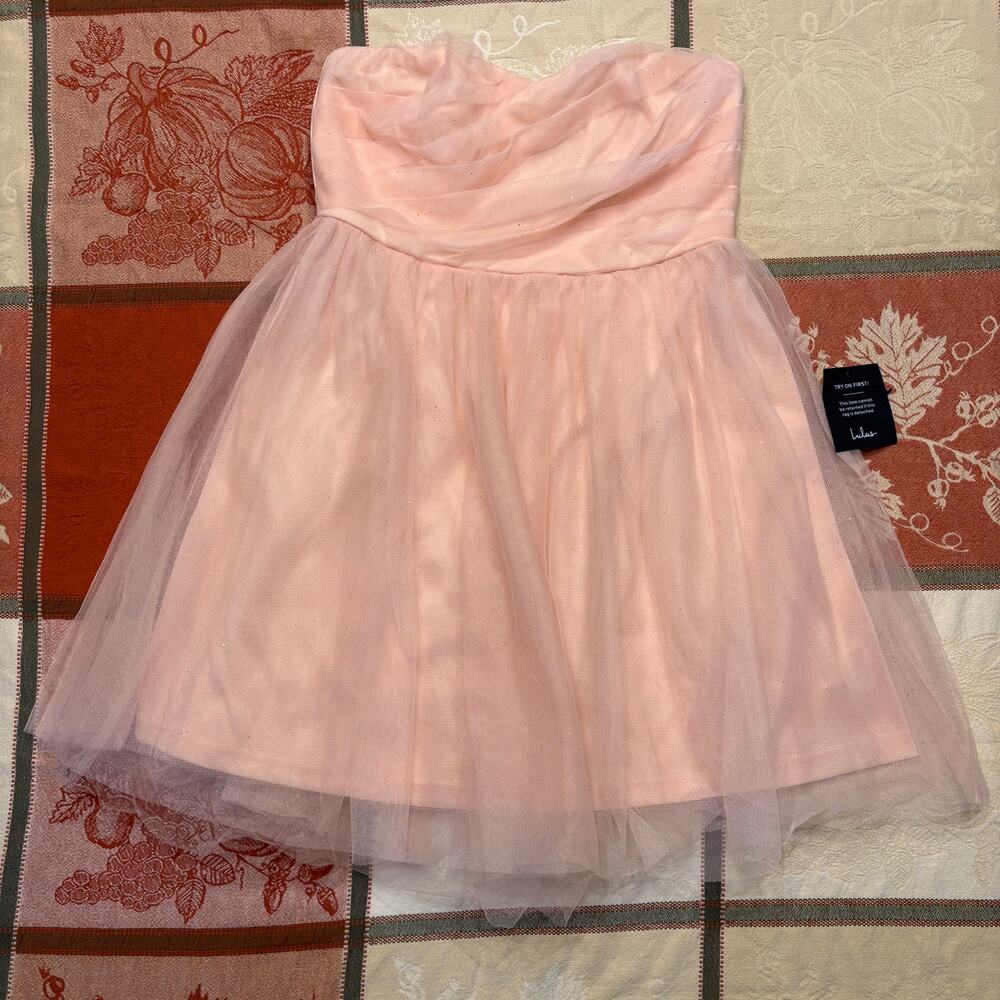 Lulus Blush Pink Strapless Ruched Glitter Tulle Mini Dress M